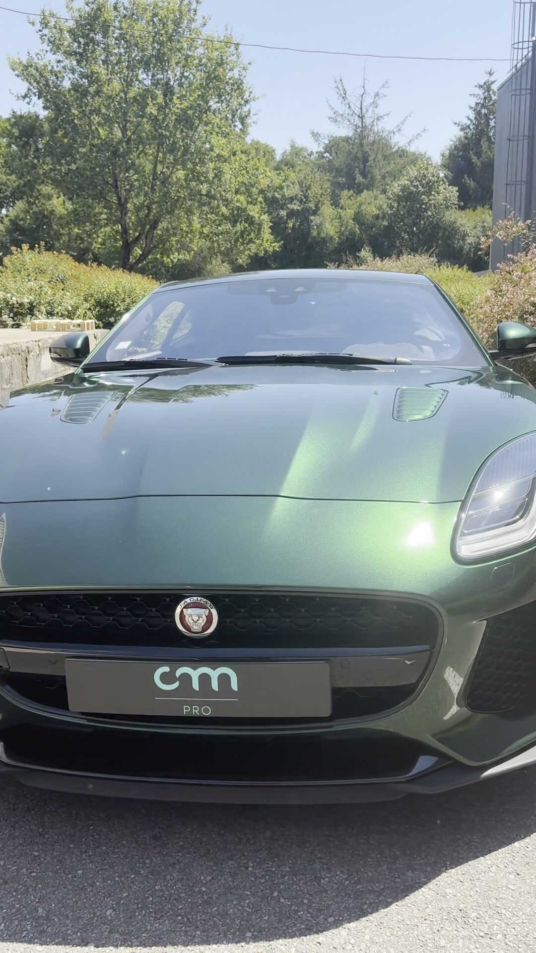 Vue avant de la Jaguar au covering vert à la lumière du jour